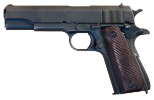 An M1911_A1_pistol, by M62 uploaded to wikimedia commons, http://creativecommons.org/licenses/by-sa/3.0/